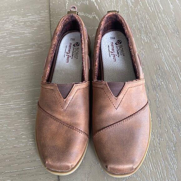 BOBS Slip On Flat Memory Foam Brown Vegan Leather Textile Shoes Women’s Size 9.5 - Picture 2 of 12